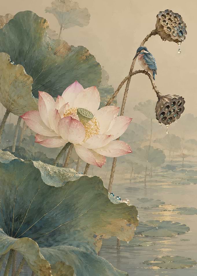 Kingfisher Perched on Lotus Pond