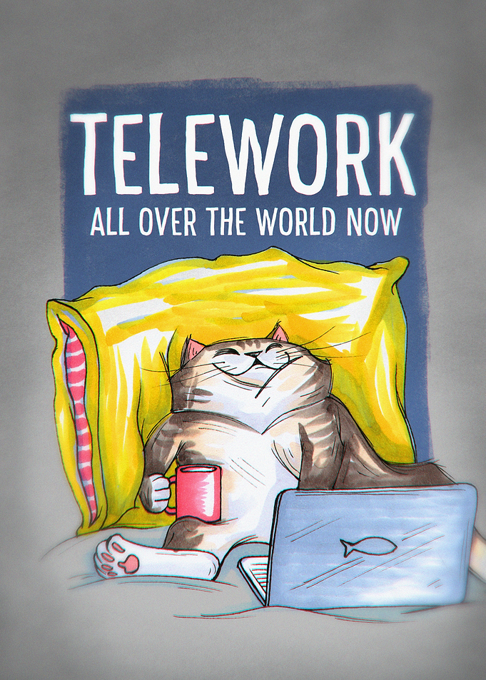 Telework Cat Working From Bed