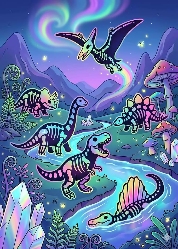 Neon Skeleton Dinosaurs in Magical Landscape
