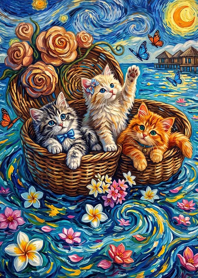 Three Kittens in a Wicker Basket