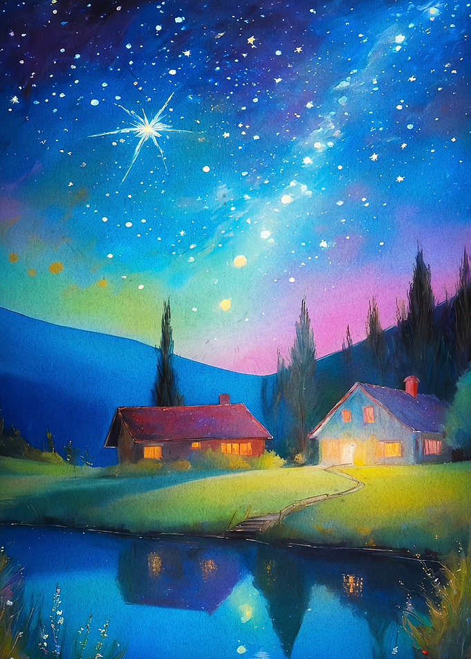 Starry Night Cottage Landscape Art