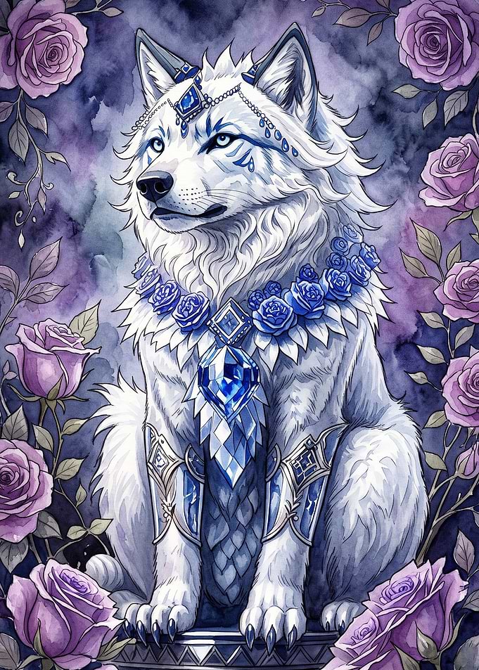 White Wolf Blue Roses Fantasy Art