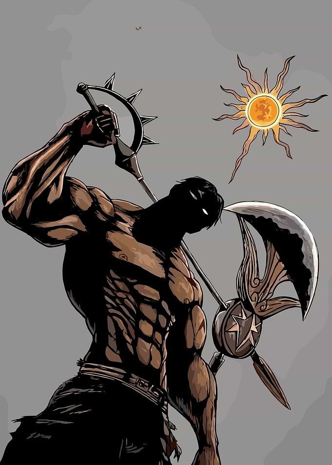 Muscular Warrior with Sun Symbol