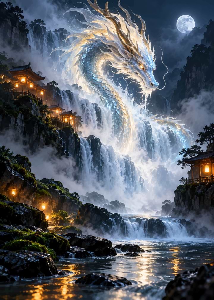 Luminous Dragon Above Misty Waterfall