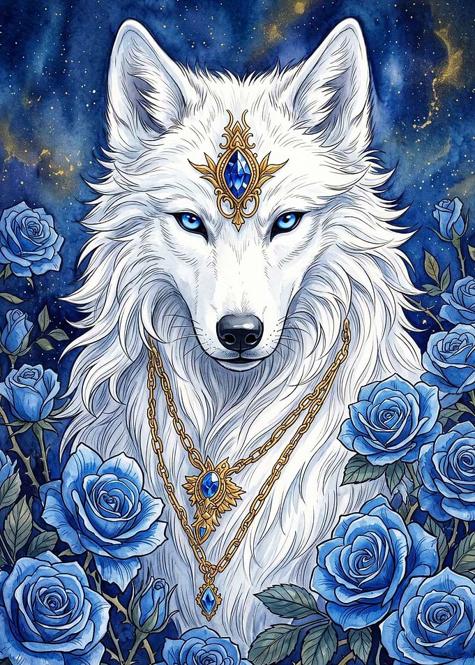 White Wolf Blue Rose Fantasy Art