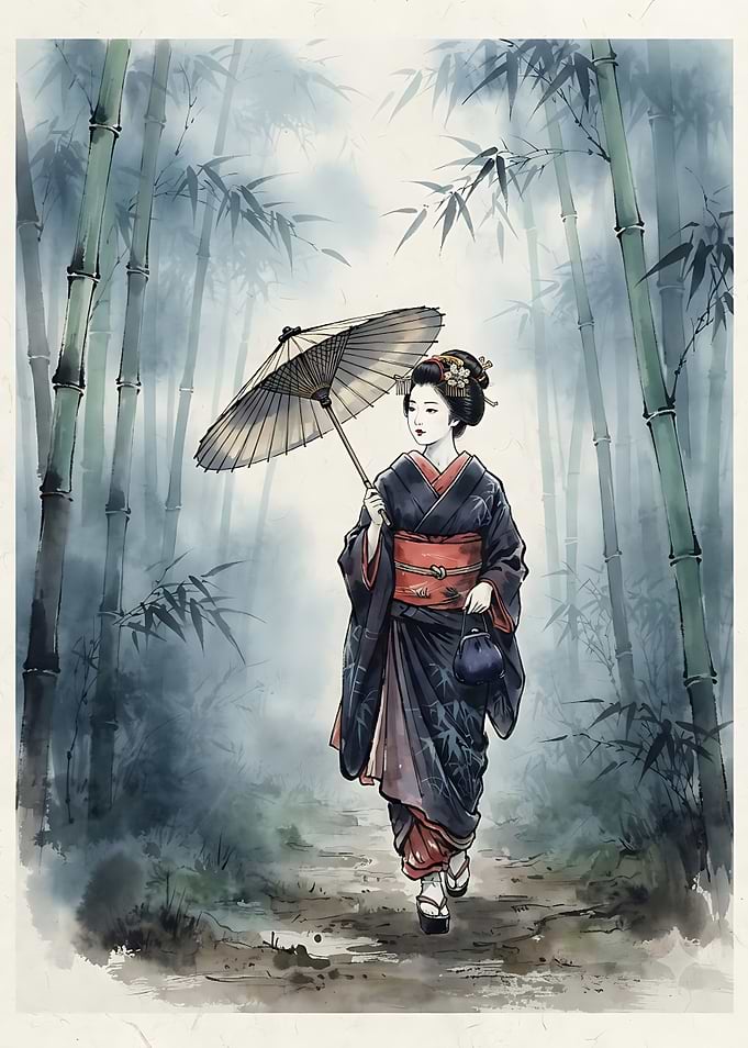 Geisha Walking Through Misty Bamboo Forest