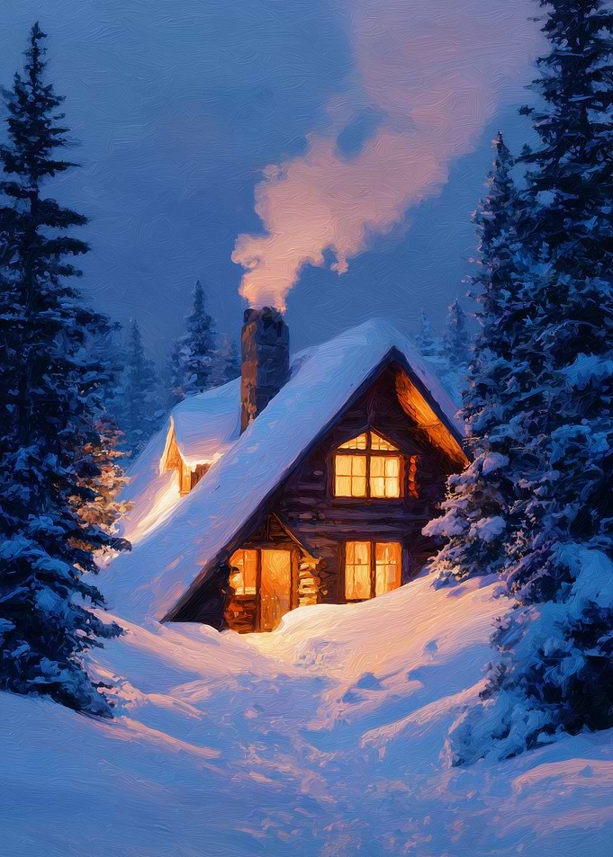 Cozy Snowy Cabin at Twilight