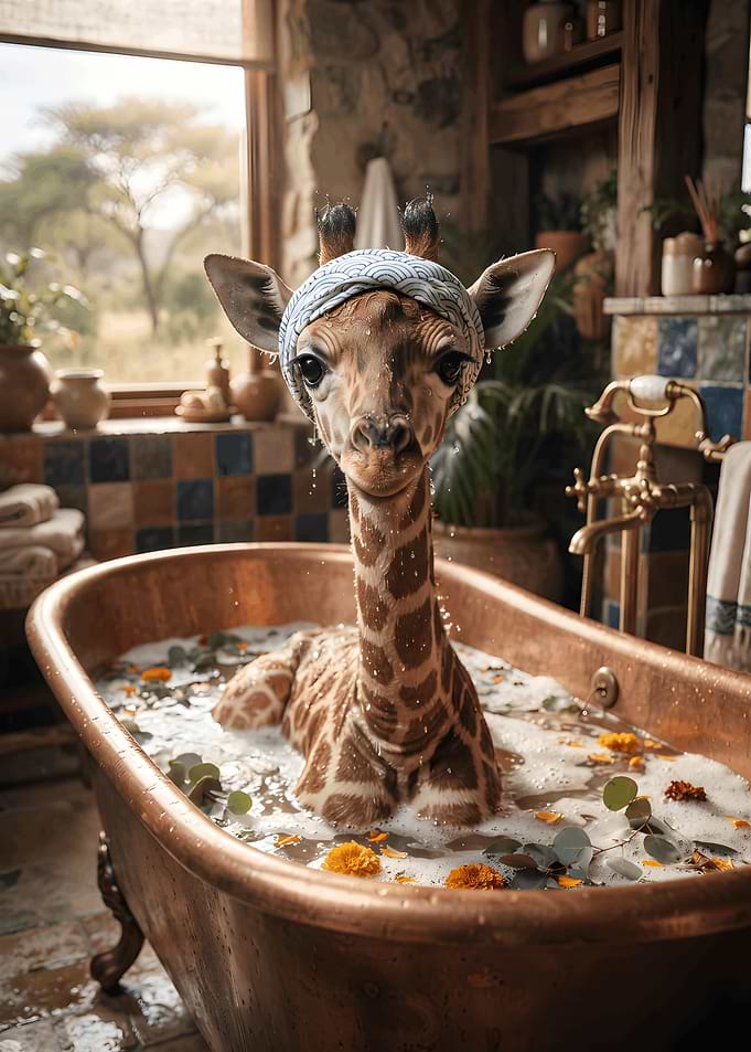 Cute Baby Giraffe Taking a Bath