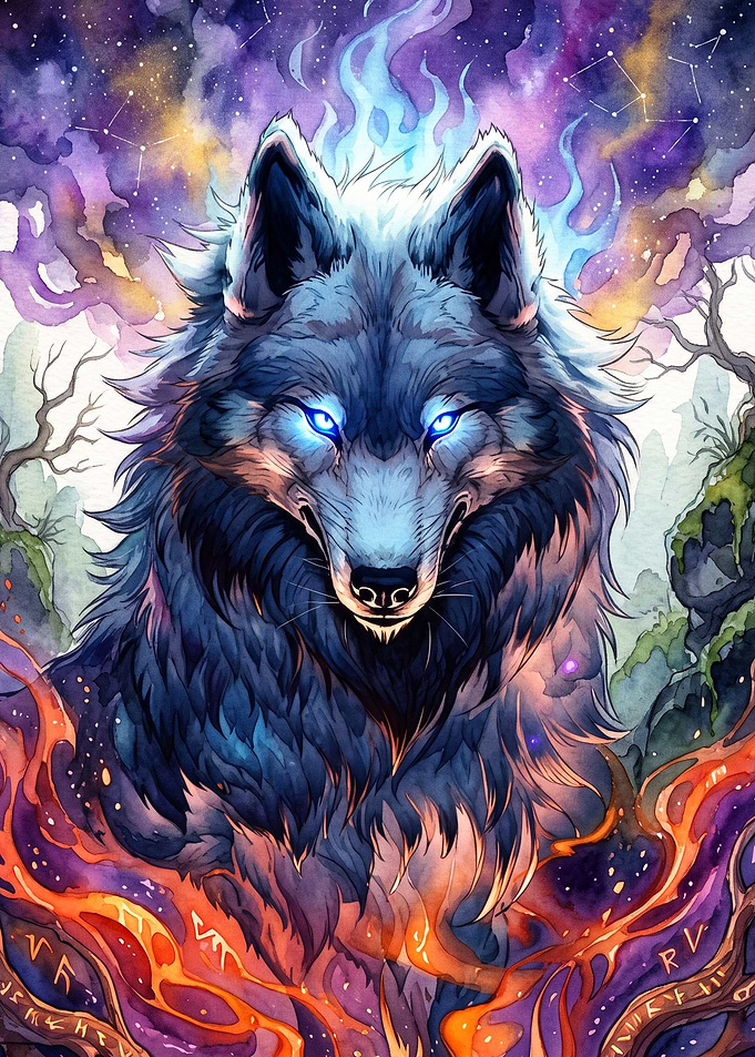 Cosmic Wolf Spirit Watercolor Art