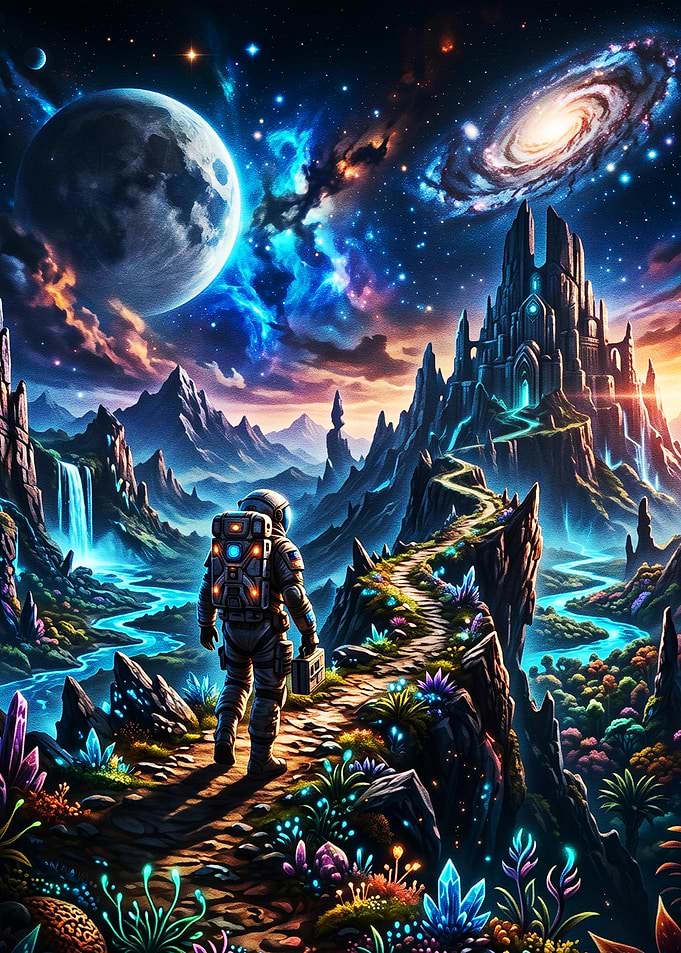 Astronaut Journey Through a Crystal Alien Landscape
