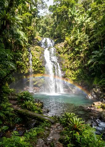 Tropical Waterfall with Vibrant Rainbow