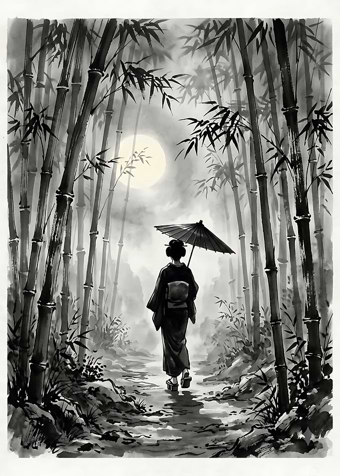 Geisha Walking Through Bamboo Forest