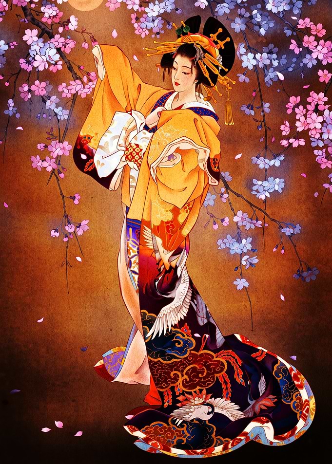 Elegant Geisha Under Cherry Blossoms