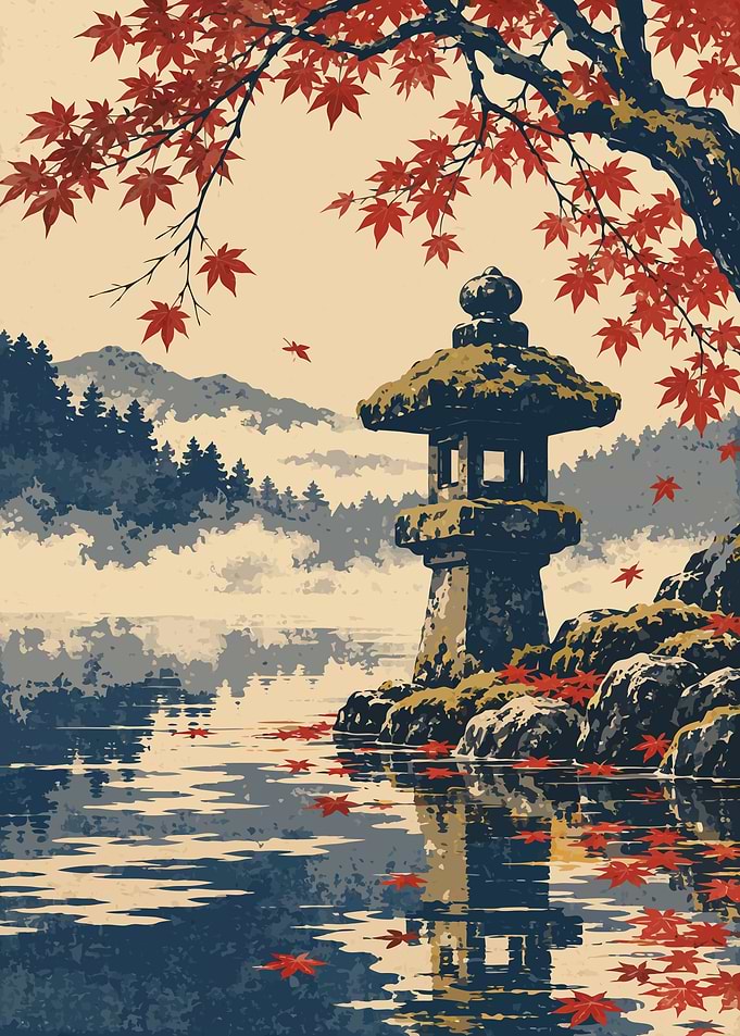 Moss-Covered Stone Lantern by the Autumn Lake — Japanese Woodblock Art