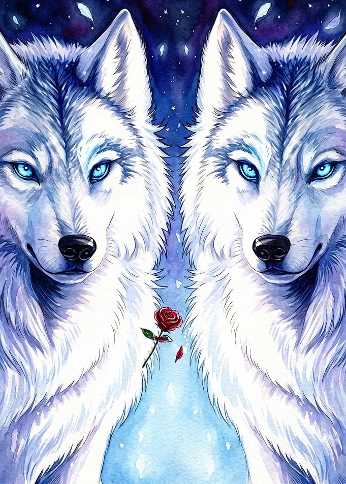 Wolf Rose Fantasy Watercolor Art