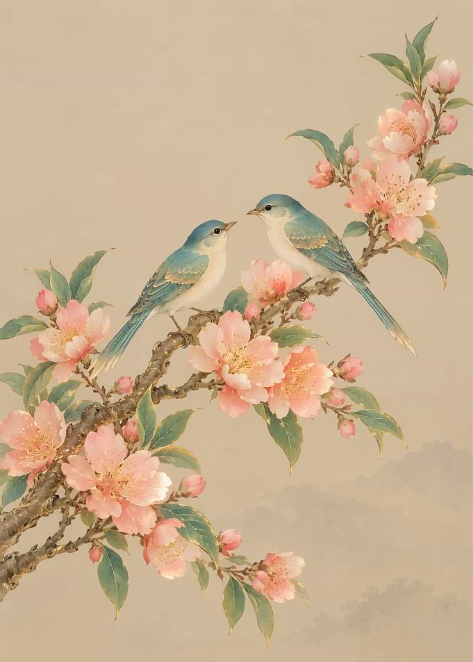 Two Blue Birds on Cherry Blossoms