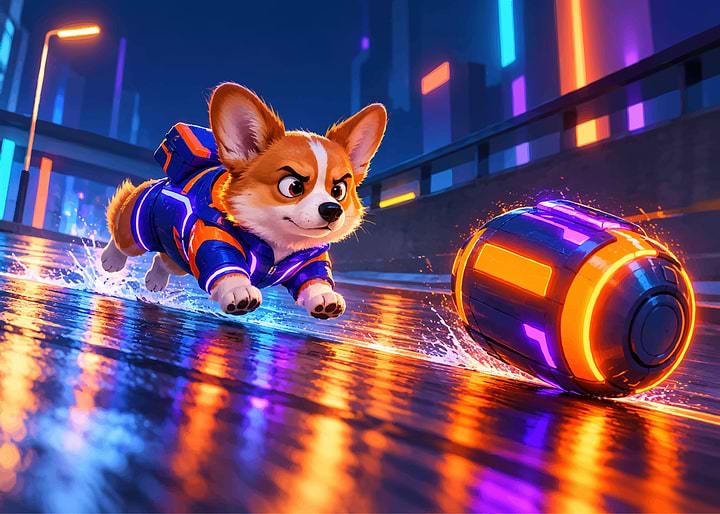 Cyberpunk Corgi Chasing Neon Ball
