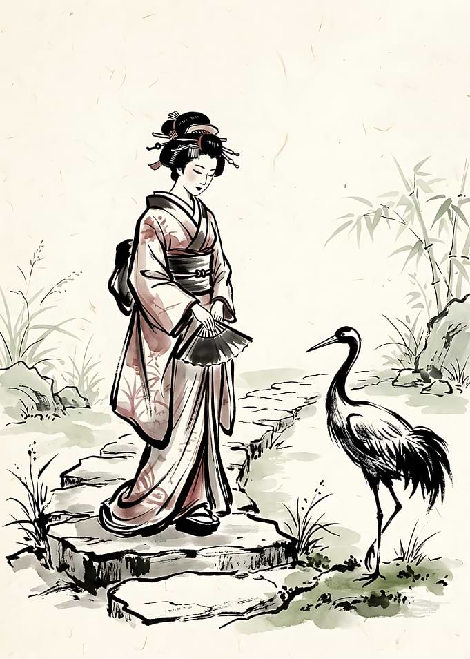 Geisha and Crane Ink Wash Painting