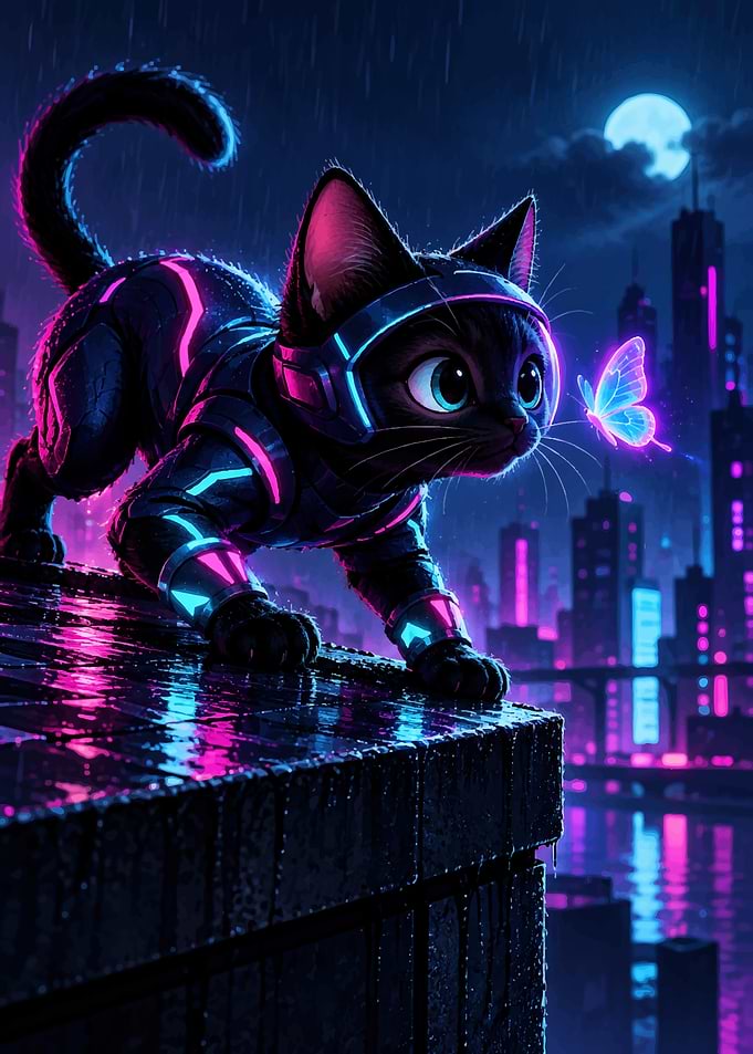 Cyberpunk Cat with Neon Butterfly