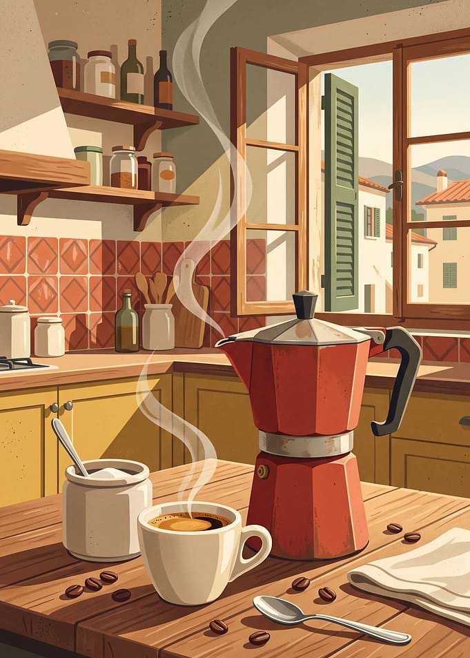 Cozy Morning Coffee in Italian Kitchen