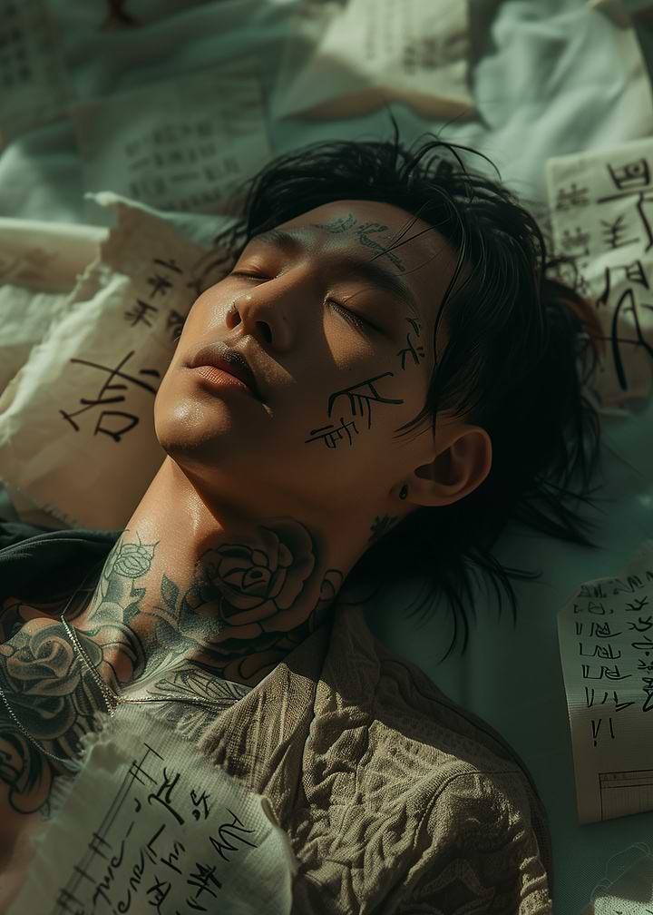 Tattooed Man Resting with Calligraphy Papers