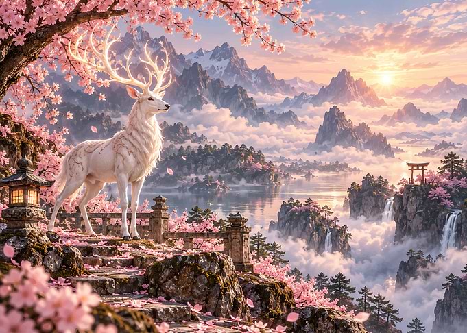Majestic White Stag in Cherry Blossom