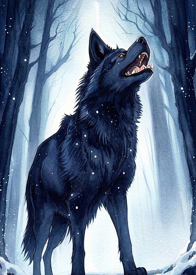 Wolf Winter Forest Watercolor Art