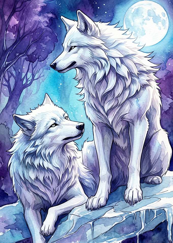 White Wolf Moon Watercolor Art