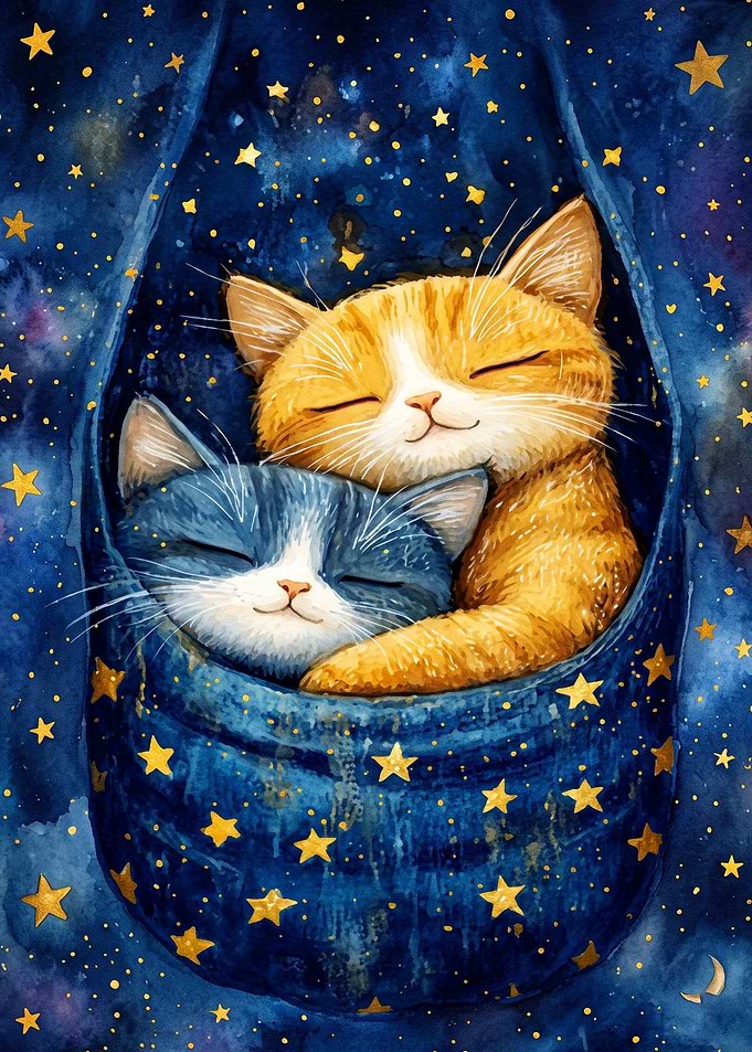 Sleeping Cats Starry Night Poster