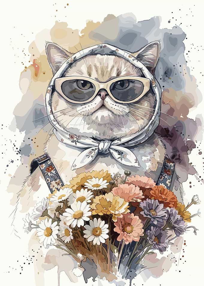 Stylish Cat with Flowers Watercolor Portrait