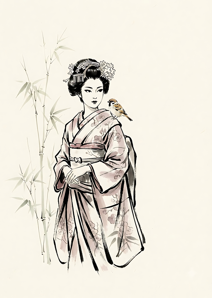 Geisha with Sparrow and Bamboo