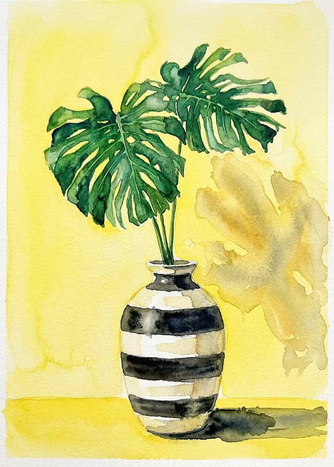Watercolor Monstera Leaves in Striped Vase