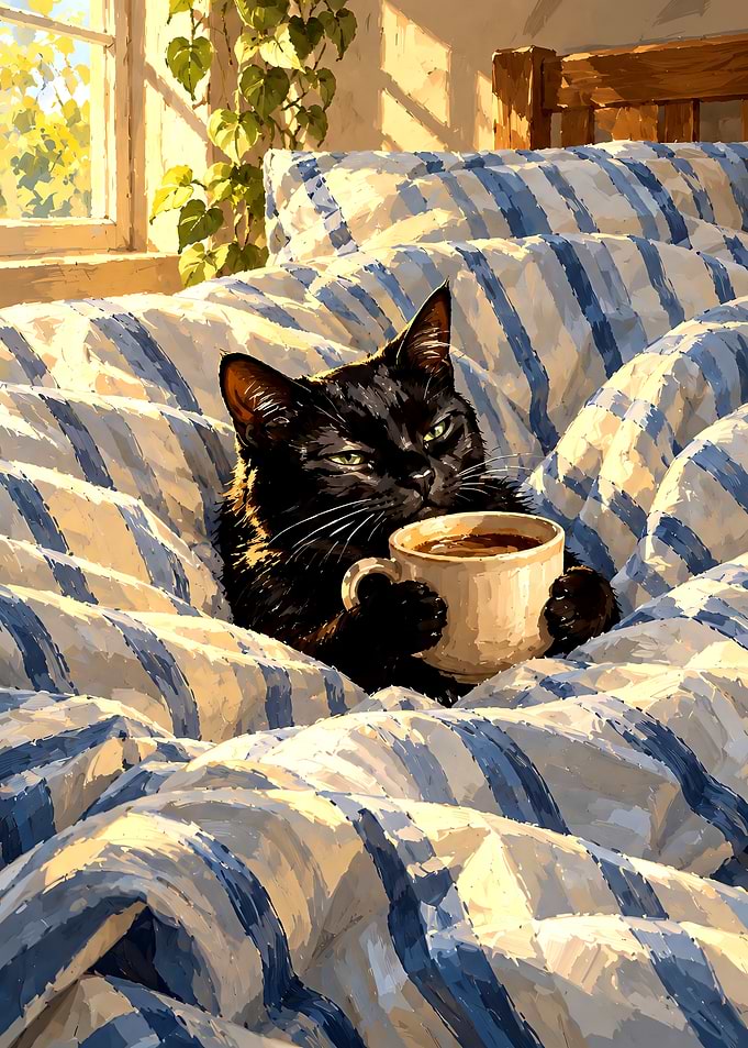 Black Cat Drinking Coffee in Bed