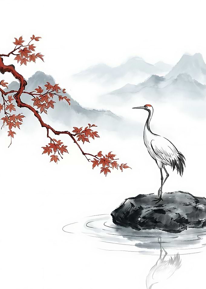 Red-Crowned Crane in Traditional Ink Wash
