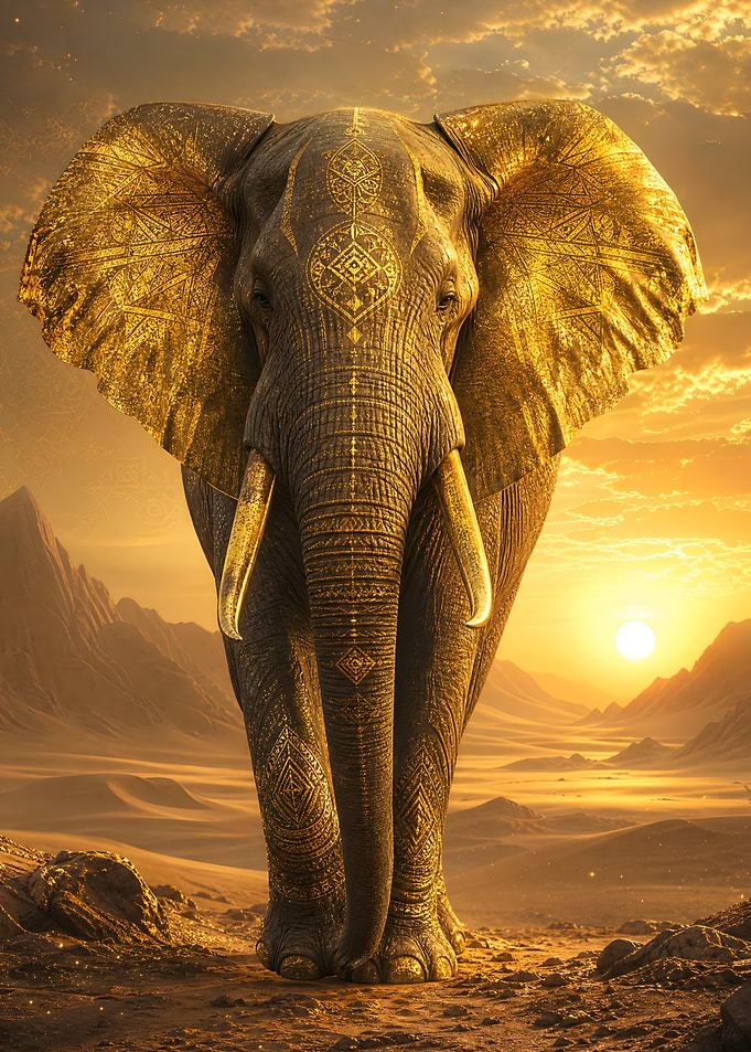 Majestic Golden Elephant in Desert Sunset