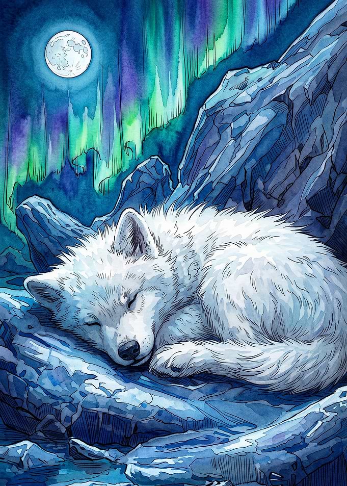 Sleeping Arctic Wolf Watercolor Pos