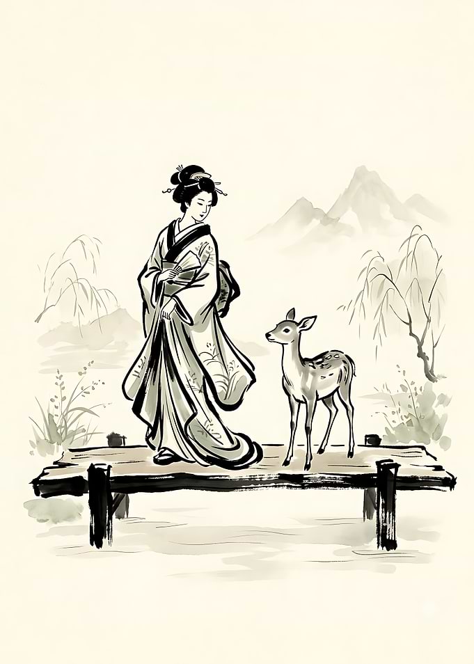 Geisha and Deer on Wooden Bridge
