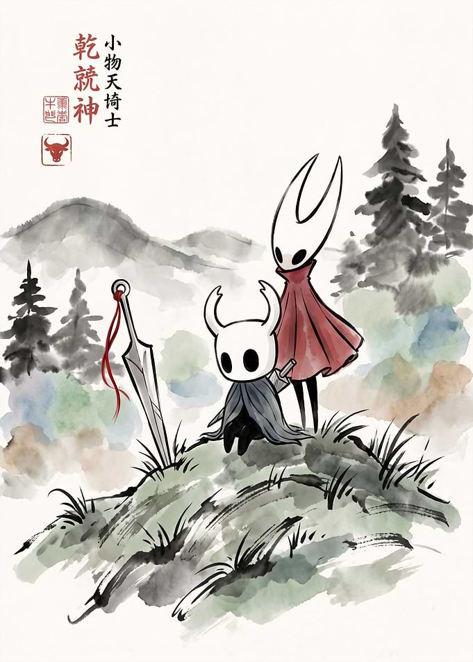 Hollow Knight and Hornet Ink Wash