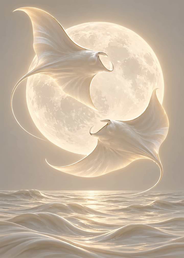 Ethereal Stingrays Over Moonlit Ocean
