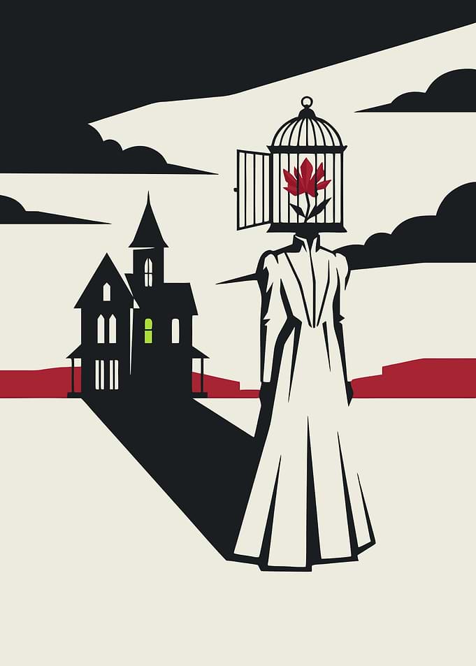 Surreal Woman with Birdcage Head