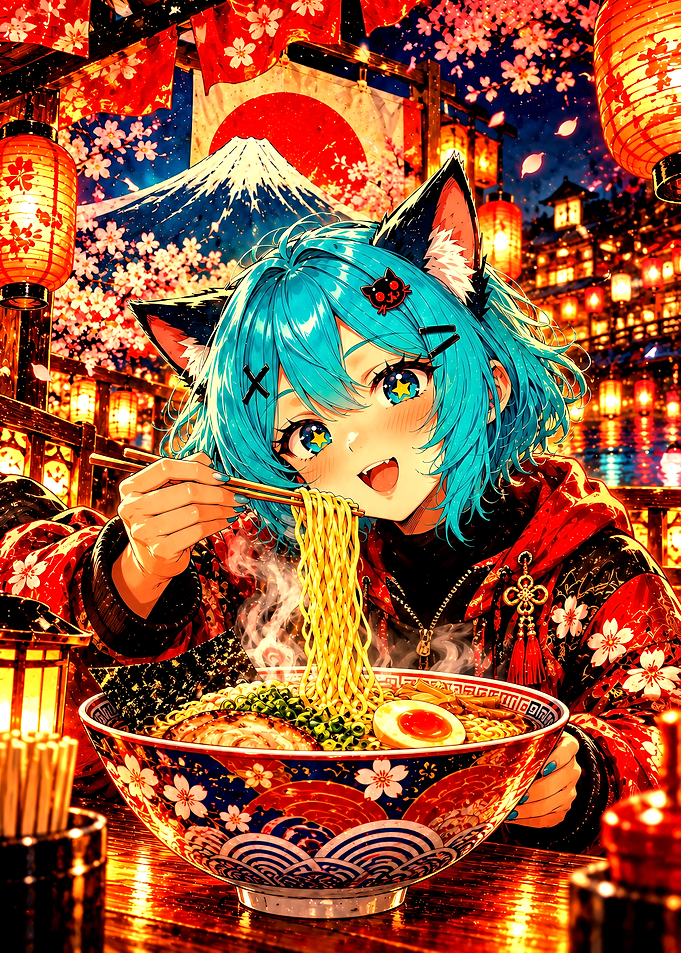 Anime Girl Eating Ramen at Night