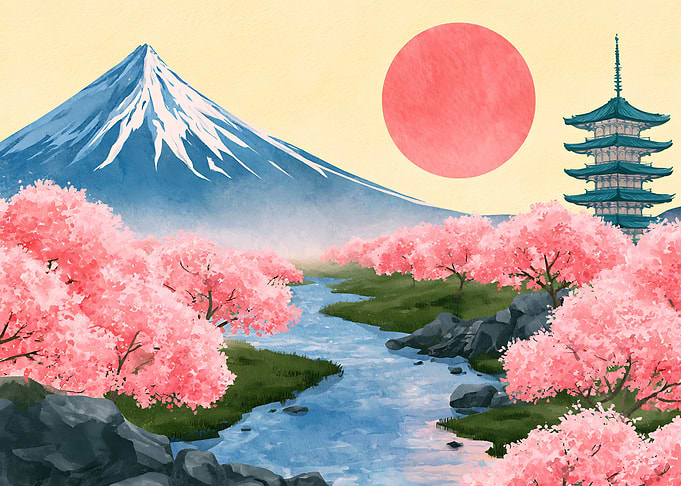 Mount Fuji and Cherry Blossoms Landscape