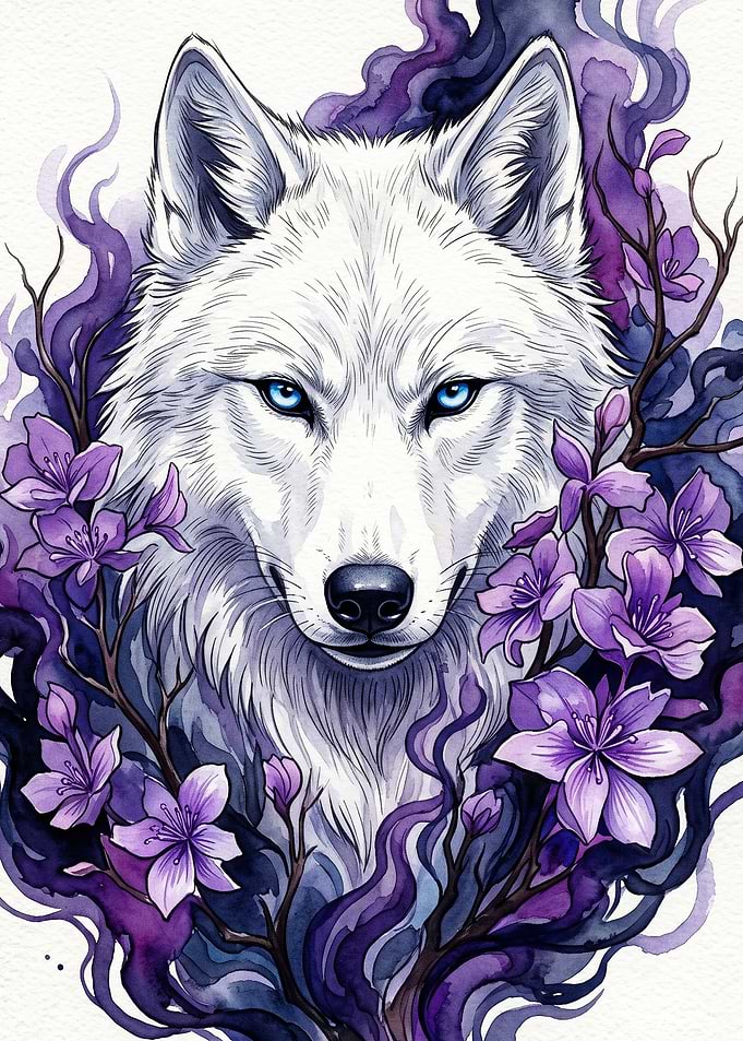 White Wolf Floral Purple Watercolor