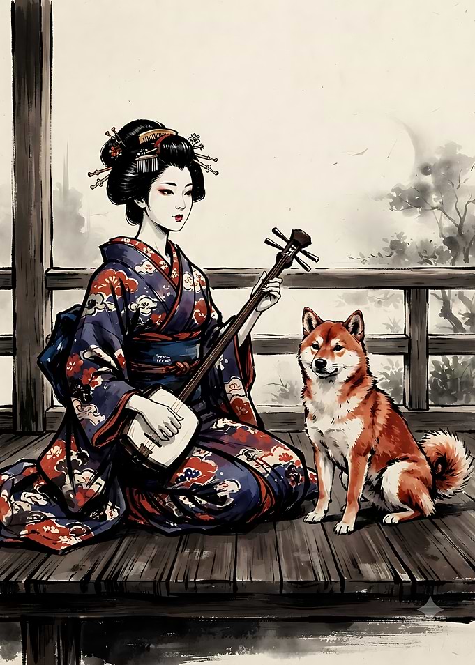 Geisha Playing Shamisen with Shiba Inu