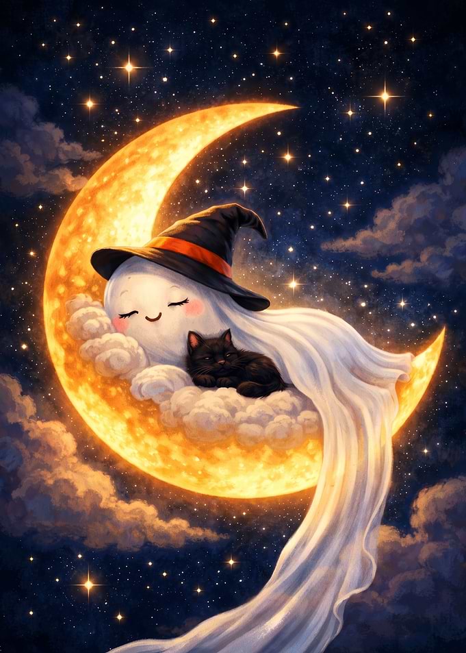 Cute Ghost and Cat Sleeping on Moon