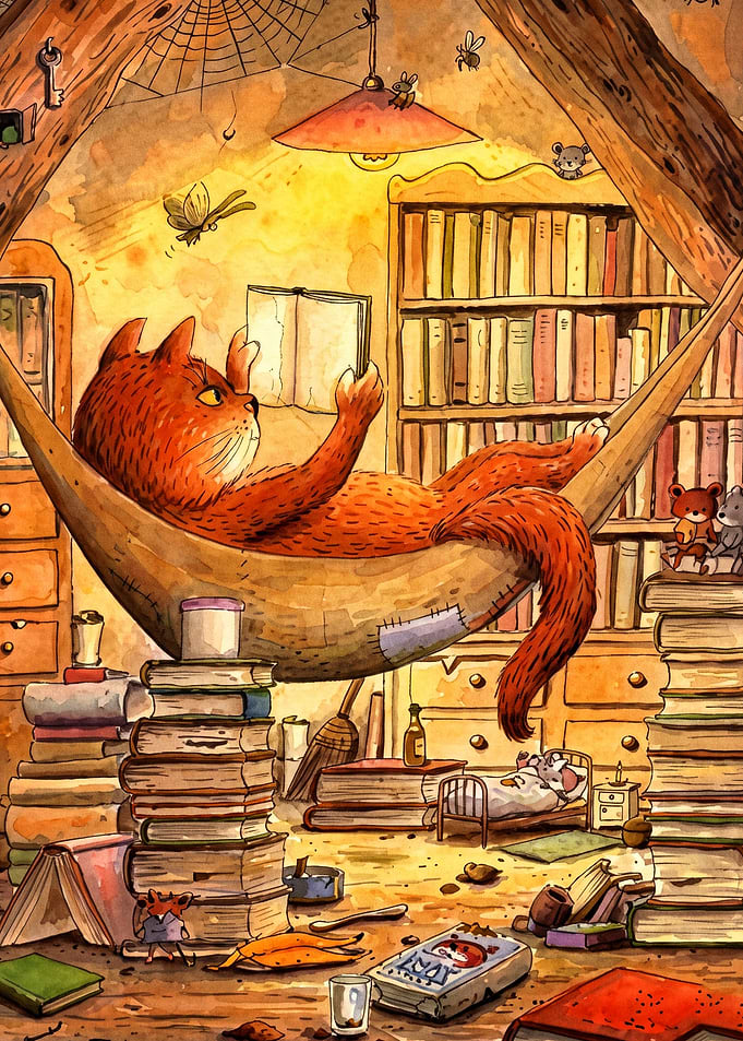 Cozy Cat Reading Hammock Watercolor