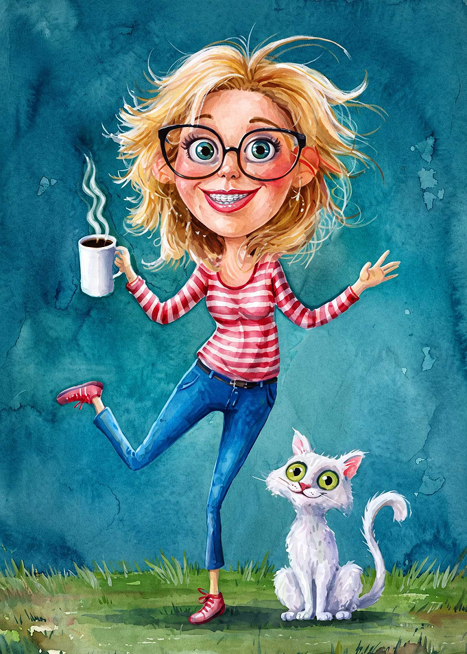 Coffee Girl Cat Cartoon Watercolor
