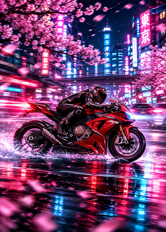 Motorcyclist Riding Through Neon Tokyo