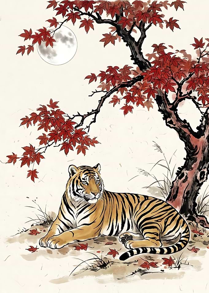 Tiger Resting Under Maple Tree