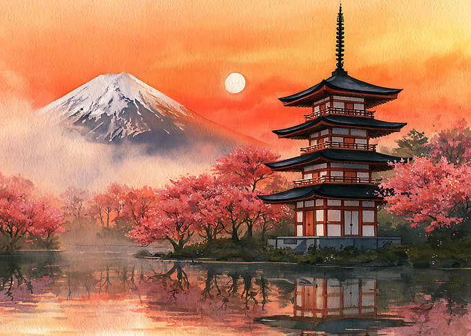 Pagoda and Mount Fuji at Sunset